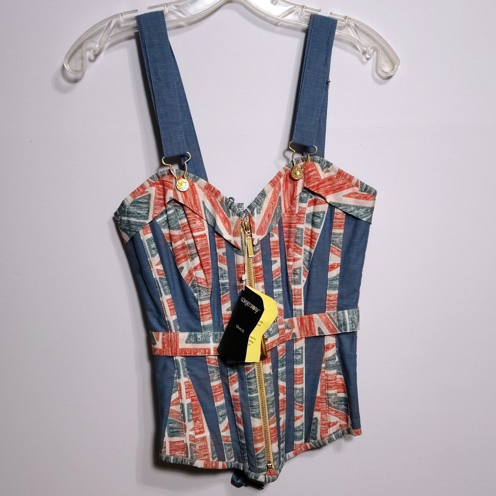 Corset Story Union Jack‎ Corset Top  Straps Over Bust UK Flag Theme UK8 US NWT4